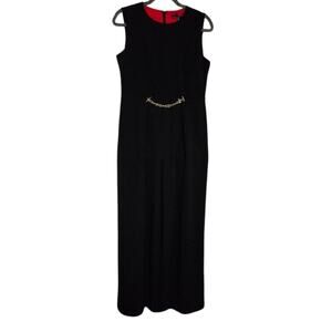 Halston Black Wide Leg‎ Gold Chain Waist Detail Jumpsuit Size 6 New